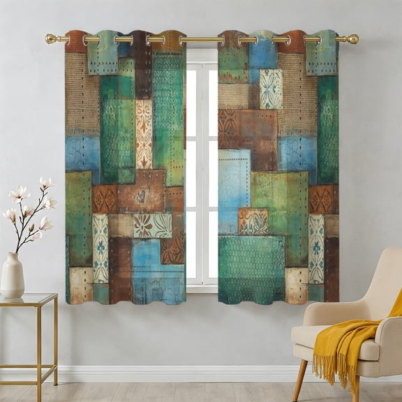 Bohemian Sheer Curtains 39 Inch Long 2 Panels, Modern Mottled Art Prints Geometric Plaid Patchwork Light Filtering Semi Sheer Drapes Grommet Voile Window Curtain for Living Bedroom W27.9 x L39