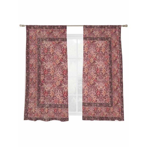 Bohemian Sheer Curtains 63 Inches Long 2 Panels, Dark Red Vintage Flowers Texture Traditional Ethnic Semi Sheer Rod Pocket Window Curtains Light Filtering Drapes for Living Room Bedroom