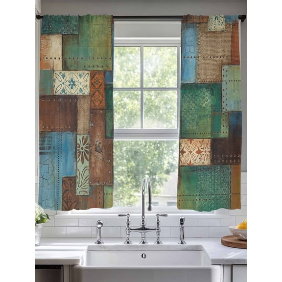Bohemian Sheer Curtains 63 inches Long, Modern Mottled Art Prints Geometric Plaid Patchwork Light Filtering Sheer Window Curtains Rod Pocket Voile Drapes for Bedroom Living Room, 2 Panels
