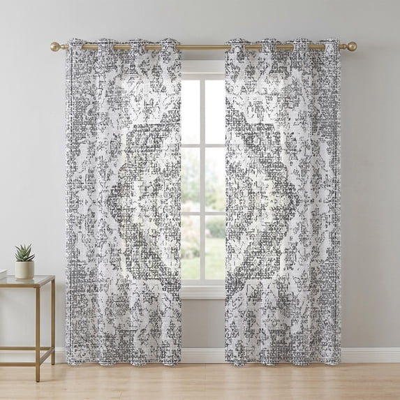 Bohemian Sheer Curtains 84 Inch Long 2 Panels, Vintage Distressed Grey ...