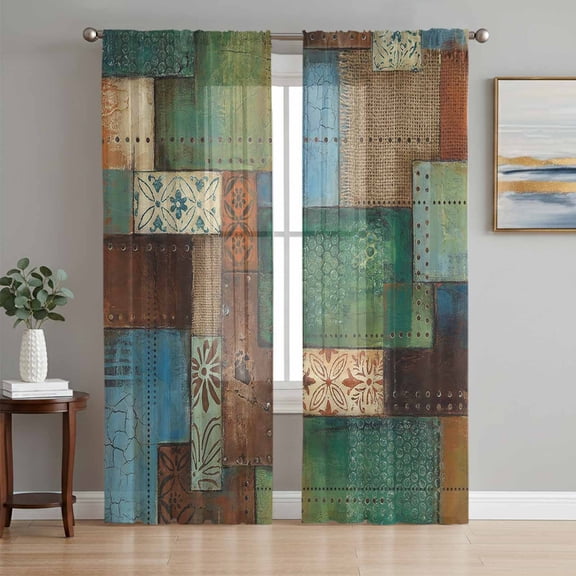 Bohemian Sheer Curtains for Living Room Bedroom, Modern Mottled Art Prints Geometric Plaid Patchwork Light Filtering Sheer Curtain Rod Pocket Voile Window Treaments Drapes, 52 x 84 Inches