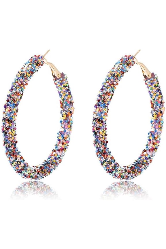 Bohemian Shiny Glitter Sequins Hoop Earrings Sparkle Wrapped Gold Plated Circle Statement Rhinestone Dangle Drop Earrings for Women