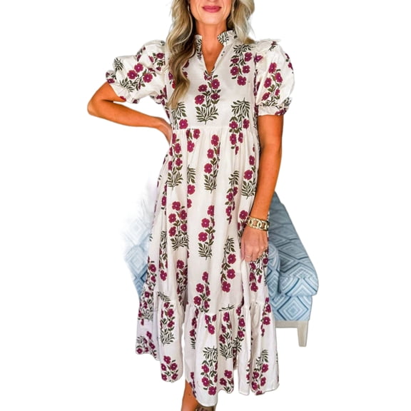 Bohemian Short Sleeve Beige Floral Maxi Dress – Elegant Tiered Style for Summer Celebrations | M