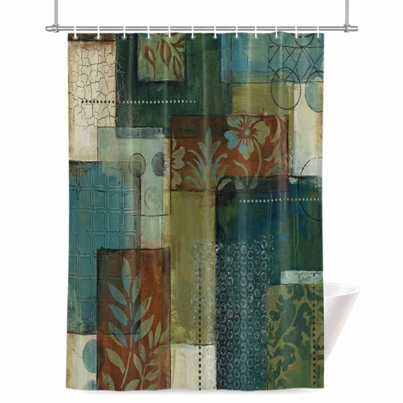 Bohemian Shower Curtain, 36" x 72", Vintage Floral Texture Geometric Plaid Patchwork Art Waterproof Bathroom Curtain Washable Shower Curtain Set with 12 Hooks