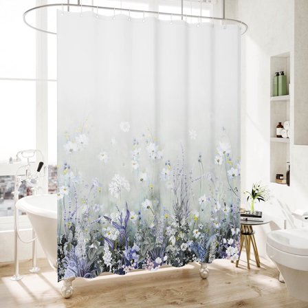Bohemian Shower Curtain, Boho Floral Print Water Repellent Polyester Fabric for Bathroom Decor, 72×72 Inch Standard Size with 16 Hooks, Also as Room Divider
