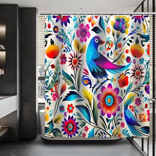 A Bohemian Shower Curtain,Parrot Birds in Colorful Flower Sage,Abstract Floral Leaf Animal Bathroom Bathtub Aesthetic Shower Curtain Waterproof Set with 12 Hooks,72X72 Inch