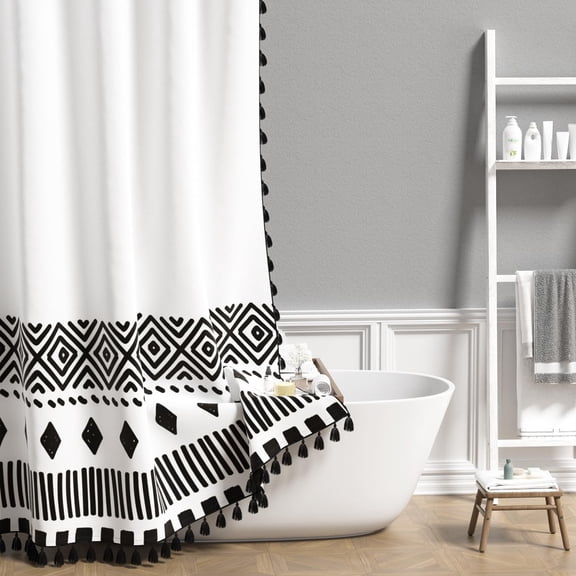 Bohemian Shower Curtain Tassel Boho Black and White Striped Geometric Pattern Curtains for Bathroom Waterproof Bath Sets with Hooks Home Decor 72x78 Inches