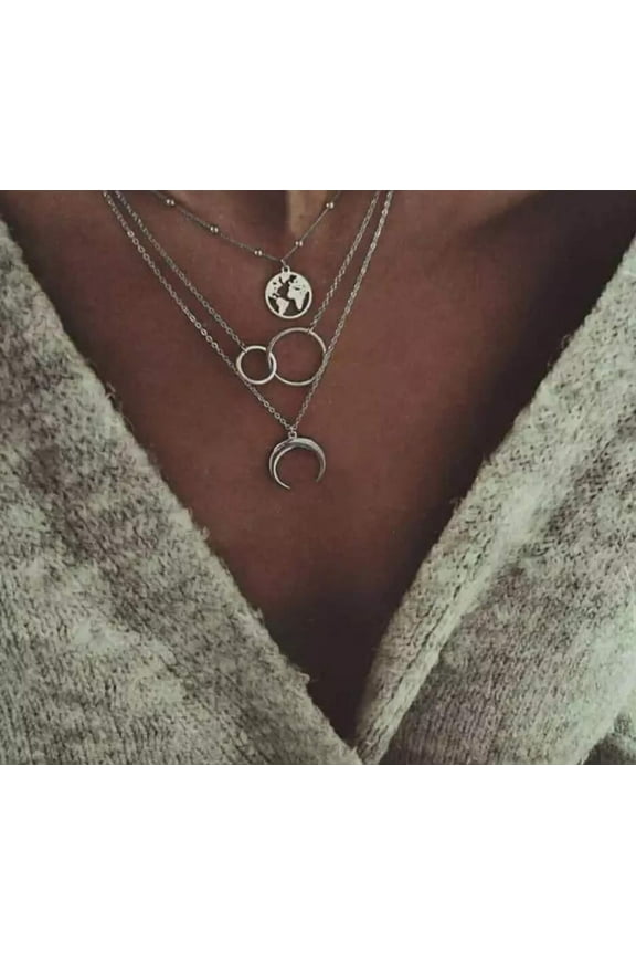 Bohemian Silver World Map With Round Moon Pendant Layered Necklace / Gift for Her / Women's Jewelry / Long Charms / Multi Layer Necklace