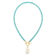 AOBEI PEARL Bohemian Simulated Turquoise Choker Blue Clay Beads Gemstone Jewelry Big Baroque Shell Pearl Pendant Necklace Trendy 18K Gold Plated Toggle Lariat Y Necklace for Women 17”
