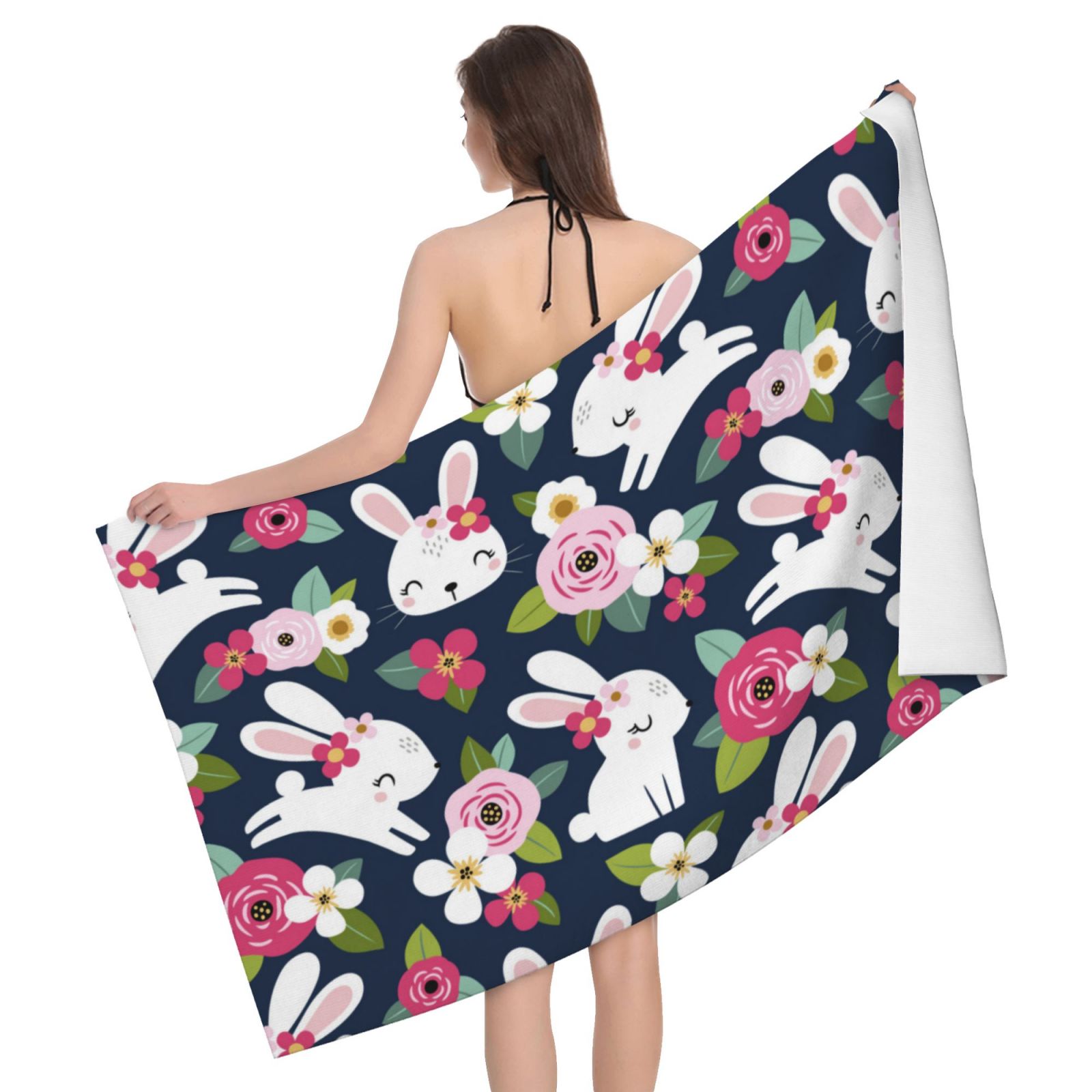 Bohemian Smile Cute Rabbit Flower Quick Dry Beach Towel Microfiber