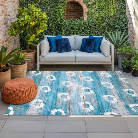 Bohemian Soccer Indoor Outdoor Rugs 5x8 Ft, Rustic Boho Farmhouse Football Match Blue Wood Grain Outdoor Patio Rugs Mat Washable Outside Area Rugs Carpet for Porch Deck RV Camping Balcony Backyard
