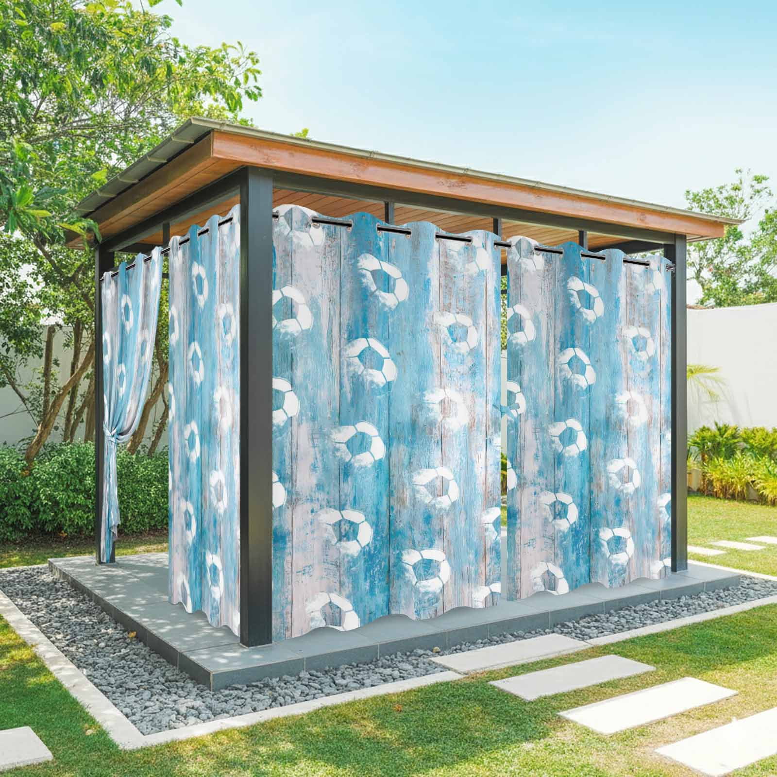 Bohemian Soccer Outdoor Curtains for Patio, Rustic Boho Farmhouse Football Match Blue Wood Grain Sunshade Privacy Drapes Grommet Waterproof Outside Curtains for Porch/Cabana/Balcony 54"x108", 1 Panel
