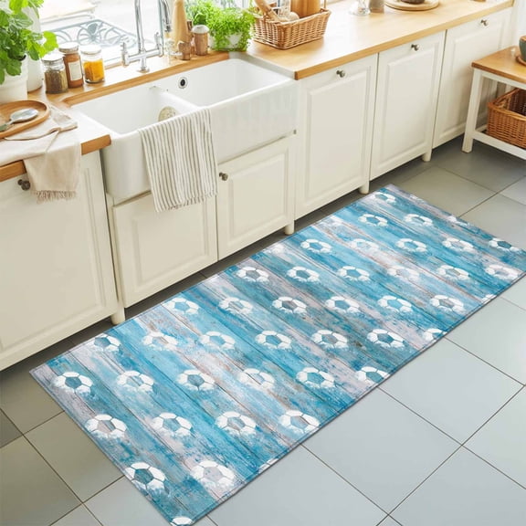 Bohemian Soccer Washable Runner Rugs 2'x6', Rustic Boho Farmhouse Football Match Blue Wood Grain Washable Runner Rug Non-Slip Sturdy Edge Binding Carpet for Bedside Hallway Runner Kitchen Galley