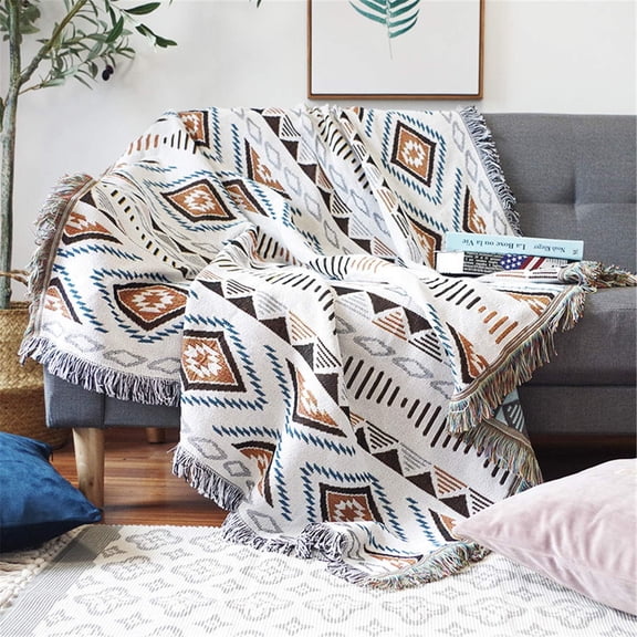 Bohemian Sofa Throw Blankets Ethnic Woven Boho Geometric White and Khaki Throw Blanket for Couch Aztec Bed Throws Oversized Chair Sofa Cover with Tassels(51x63)