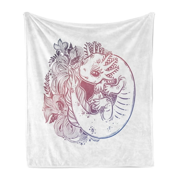 Bohemian Soft Flannel Fleece Blanket, Axolotl Little Salamander Monster with Leaves Boho Dreamy Animal Gradient Colors, Cozy Plush for Indoor and Outdoor Use, 50" x 60", Multicolor, by Ambesonne