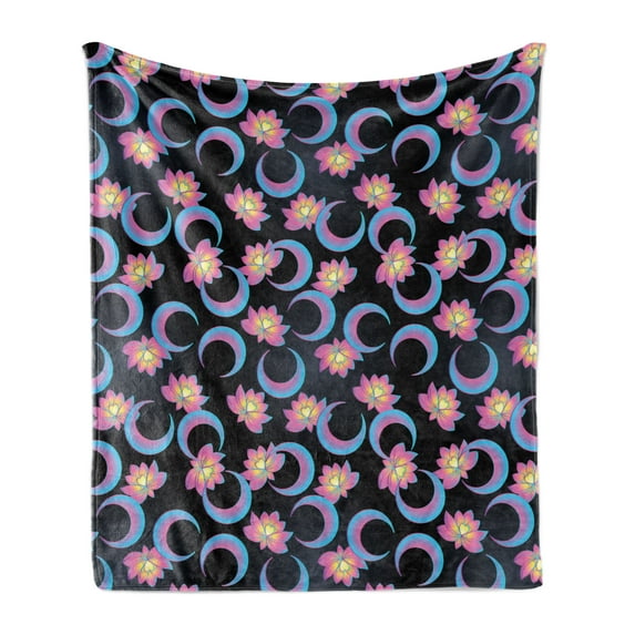 Bohemian Soft Flannel Fleece Blanket, Repetitive Ombre Colored Lotus Flowers and Crescent Moon Print, Cozy Plush for Indoor and Outdoor Use, 50" x 70", Dark Blue Grey and Multicolor, by Ambesonne