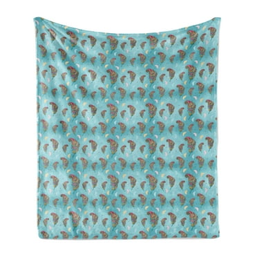Bohemian Soft Flannel Fleece Throw Blanket, Continuous Pattern with Colorful Zentangle Ornate Feathers, Cozy Plush for Indoor and Outdoor Use, 50" x 60", Seafoam Multicolor, by Ambesonne