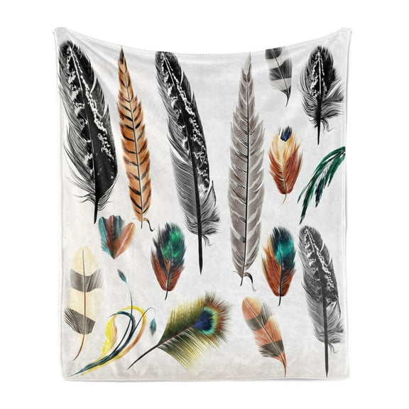 Bohemian Soft Flannel Fleece Throw Blanket, Detailed Big and Small Several Bird Feathers in Vibrant Colors Bohemian Design, Cozy Plush for Indoor and Outdoor Use, 50" x 70", Multicolor, by Ambesonne