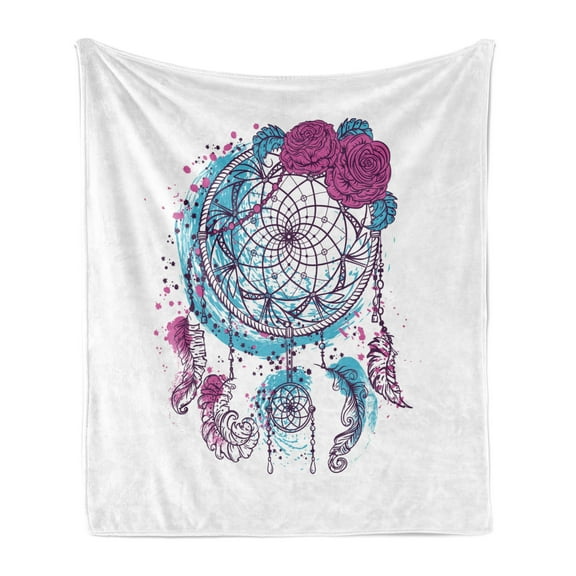Bohemian Soft Flannel Fleece Throw Blanket, Dreamcatcher with Roses and Feathers, Cozy Plush for Indoor and Outdoor Use, 50" x 70", Sky Blue Magenta, by Ambesonne