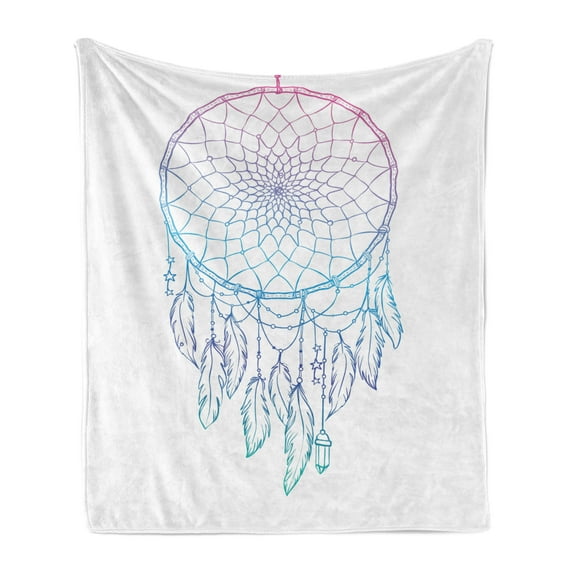 Bohemian Soft Flannel Fleece Throw Blanket, Dreamcatcher Tribal Feathers and Moon Hipster Theme, Cozy Plush for Indoor and Outdoor Use, 50" x 60", Hot Pink White and Blue, by Ambesonne