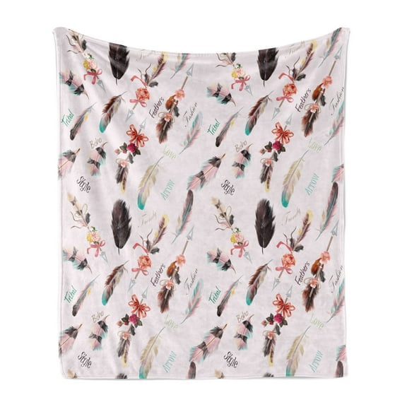 Bohemian Soft Flannel Fleece Throw Blanket, Fashion Illustration Feathers with Floral Details and Ribbons Vintage Style, Cozy Plush for Indoor and Outdoor Use, 70" x 90", Multicolor, by Ambesonne