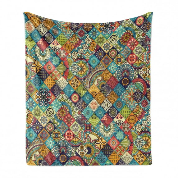Bohemian Soft Flannel Fleece Throw Blanket, Geometric Pattern Ornamental Floral Folk Art Abstract, Cozy Plush for Indoor and Outdoor Use, 60" x 80", Multicolor, by Ambesonne