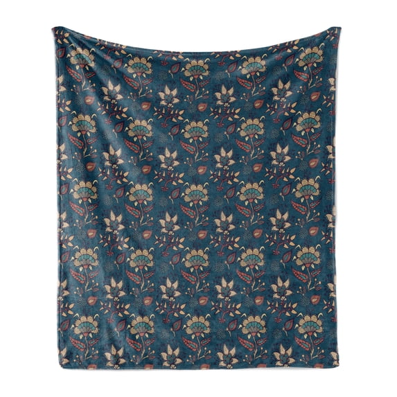 Bohemian Soft Flannel Fleece Throw Blanket, Vintage Pattern with Flowers Nature Inspired Hippie Blossoms, Cozy Plush for Indoor and Outdoor Use, 60" x 80", Teal Beige and Cinnamon, by Ambesonne
