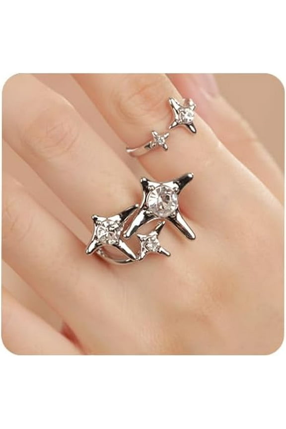 Bohemian Sparkling Crystal Star Rings Set Wrap Open Joint Knuckle Silver Star Rings Stackable Rhinestone Statement Rings for Women(2 PCS)