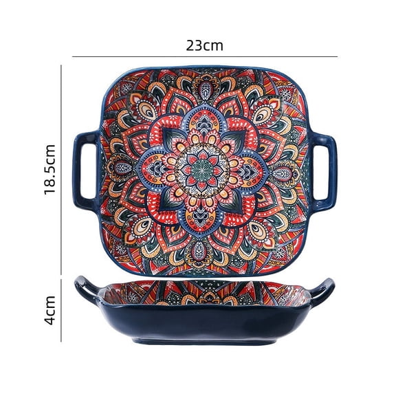 Bohemian Square Ceramic Plate, Double Handle Serving Dish, Versatile Dinner Plate for Pasta, Fruit and Home Daily Meals