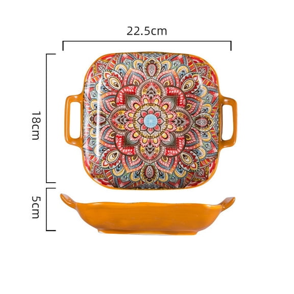 Bohemian Square Ceramic Plate, Double Handle Serving Dish, Versatile Dinner Plate for Pasta, Fruit and Home Daily Meals