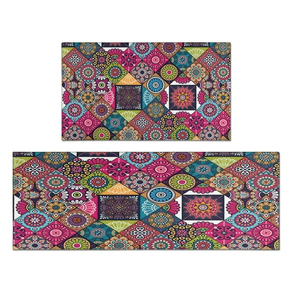 the Bohemian Square Pattern Kitchen Rugs and Mats Sets Of 2,Kitchen Decoration Rugs,Rubber Backing Non-Slip Floor Mat for Sink Washable Waterproof Laundry Room Runner Rugs