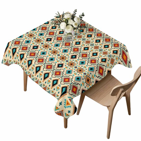 Bohemian Square Tablecloth Retro Teal and Brown Argyle Aztec Geometric Chevron Waterproof Wrinkle Free Soft Table Cloth Spill-Proof Washable Table Cover for Dining Party Picnic 60 x 60 Inch