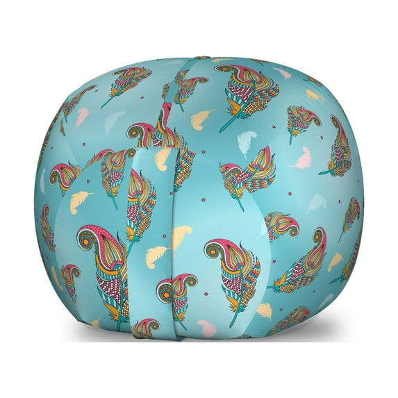 Bohemian Storage Toy Bag Chair, Continuous Pattern with Colorful Zentangle Ornate Feathers, Stuffed Animal Organizer Washable Bag, Small Size, Seafoam Multicolor, by Ambesonne