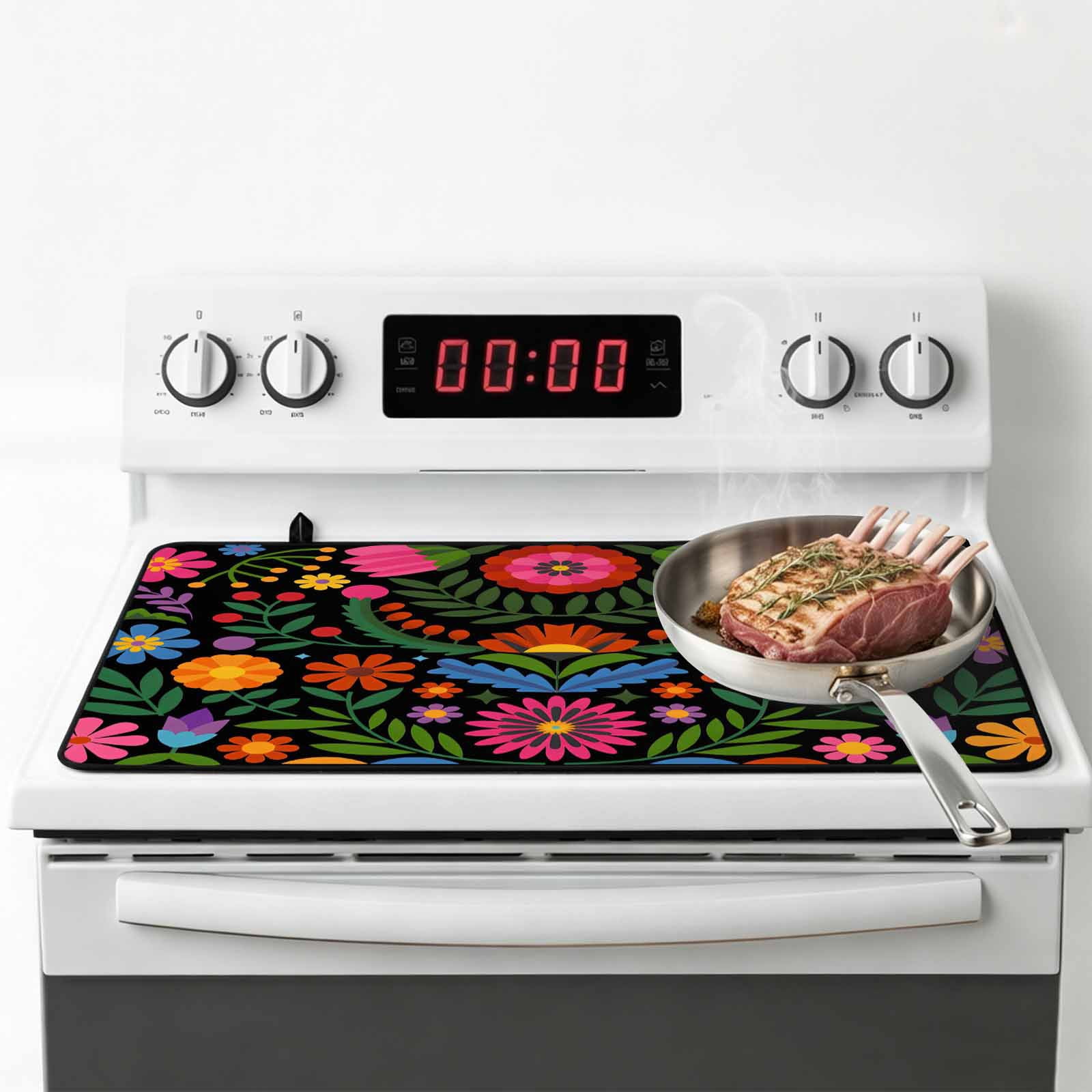 Bohemian Stove Top Cover for Electric Stove, Heat-proof & Non Slip Glass Top Stove Cover Protector, Red Green Tribal Mexican Abstract Flower Kitchen Flat Cooktop Rubber Mat 24x21 Inches