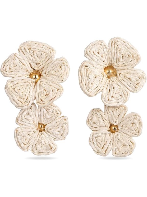 Bohemian Straw Flower Dangle Earrings for Women, Handmade Woven Rattan Floral Statement Drop Earrings, Lightweight Boho Summer Beach Vacation Jewelry for Daily Wear & Parties
