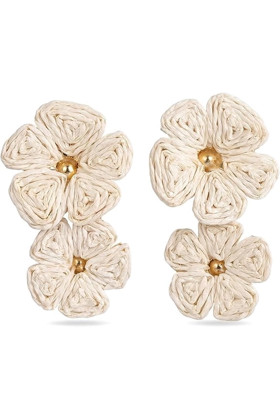 Bohemian Straw Flower Dangle Earrings for Women, Handmade Woven Rattan Floral Statement Drop Earrings, Lightweight Boho Summer Beach Vacation Jewelry for Daily Wear & Parties