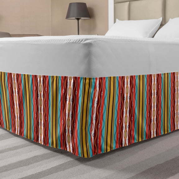 Bohemian Stripe Bed Skirt, Dots and Drops on Vivid Vertical Lines Fiesta Tribal Boho Art Print, Elastic Bedskirt Dust Ruffle Wrap Around for Bedding Decor, 4 Sizes, Multicolor, by Ambesonne