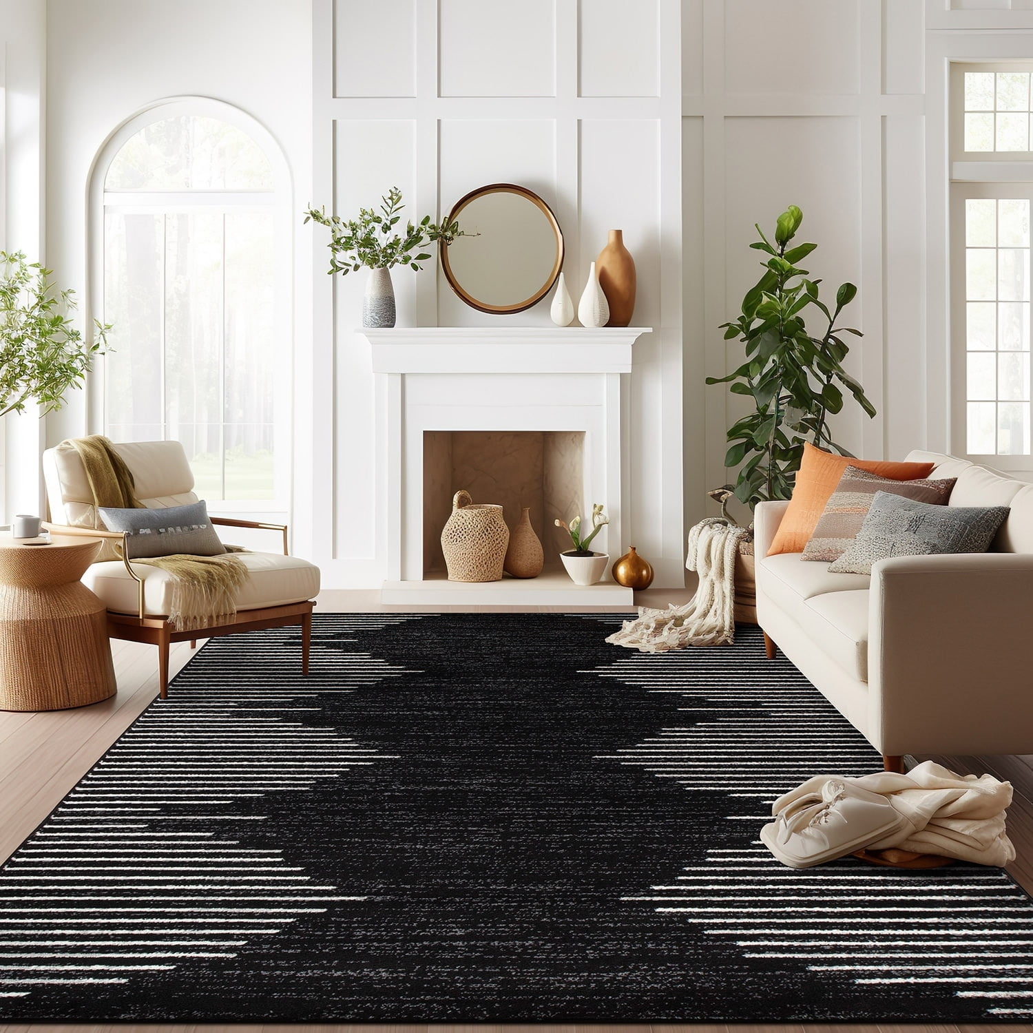 Black and White 5' x 7' Bohemian Stripe Synthetic Area Rug