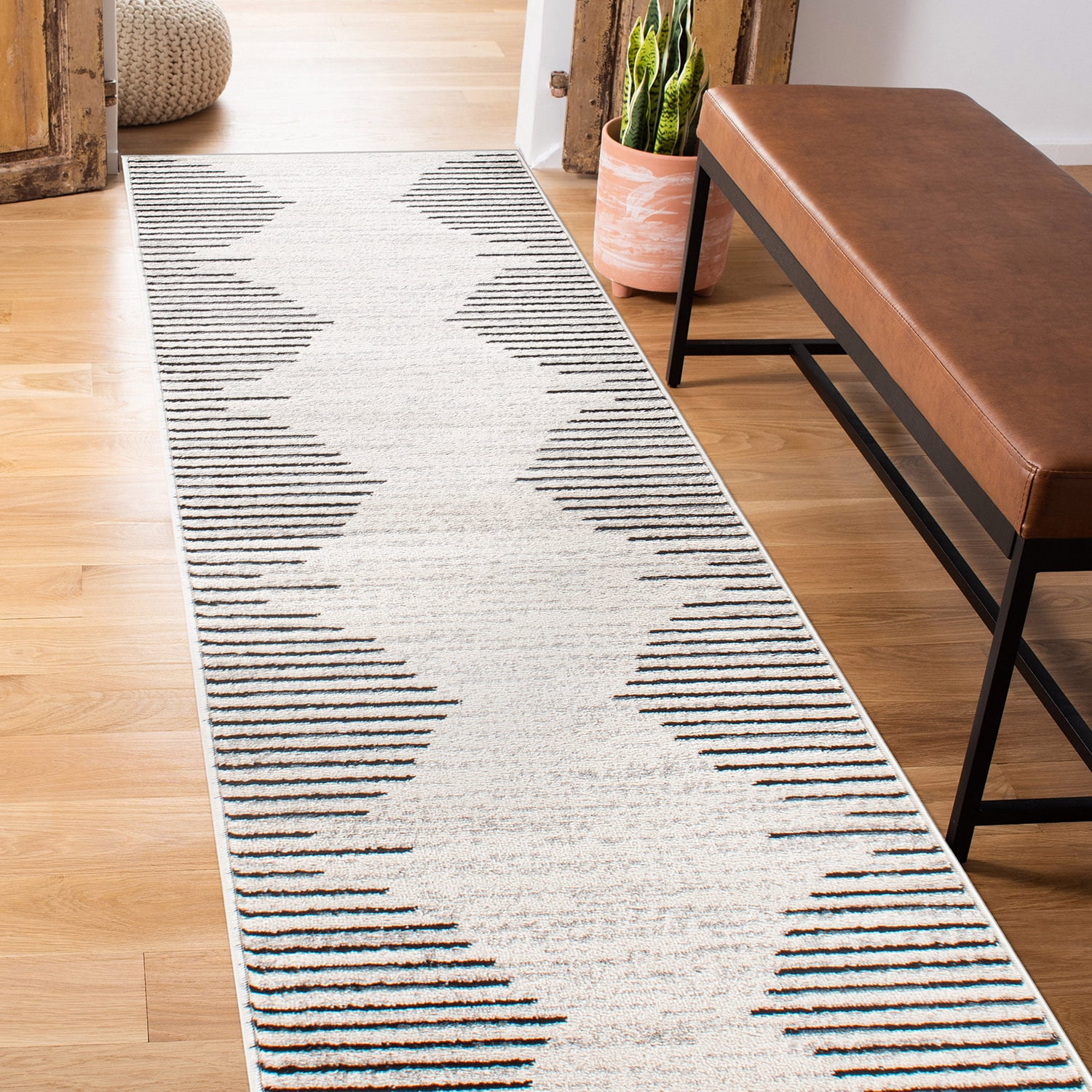 Cream and Beige Synthetic Stripe Runner Rug 2'x7'