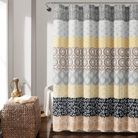 Bohemian Stripe Shower Curtain, 72" W x 72" L, Yellow & Gray - Boho Shower Curtain - Colorful Striped Bathroom Curtain - Maximalist & Boho Bathroom Decor