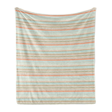 Bohemian Stripe Soft Flannel Fleece Throw Blanket, Theme Vintage Striped Abstract Patterns, Cozy Plush for Indoor and Outdoor Use, 50" x 60", Salmon Pale Blue Sepia, by Ambesonne
