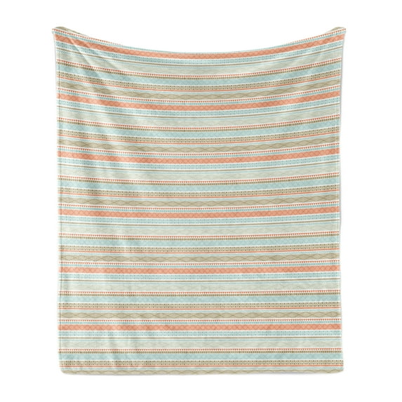 Bohemian Stripe Soft Flannel Fleece Throw Blanket, Theme Vintage Striped Abstract Patterns, Cozy Plush for Indoor and Outdoor Use, 50" x 60", Salmon Pale Blue Sepia, by Ambesonne