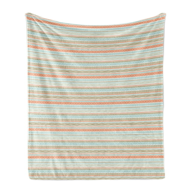 Bohemian Stripe Soft Flannel Fleece Throw Blanket, Theme Vintage Striped Abstract Patterns, Cozy Plush for Indoor and Outdoor Use, 50" x 70", Salmon Pale Blue Sepia, by Ambesonne