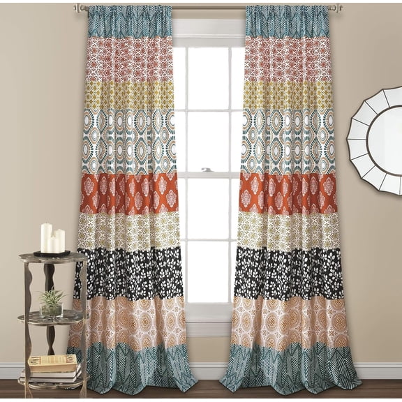 Bohemian Stripe Window Curtain Panels, Pair 52" W x 84" L Turquoise & Orange - Light Filtering Curtains for Bedroom - Boho Curtains - Maximalist Decor