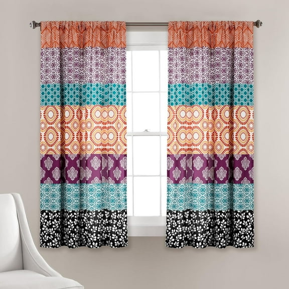 Bohemian Stripe Window Curtain Panels, Pair, 52" W x 63" L, Fuchsia & Orange - Colorful Short Curtains - Maximalist & Boho Decor - Boho Curtains For Bedroom, Living Room & Dining Room