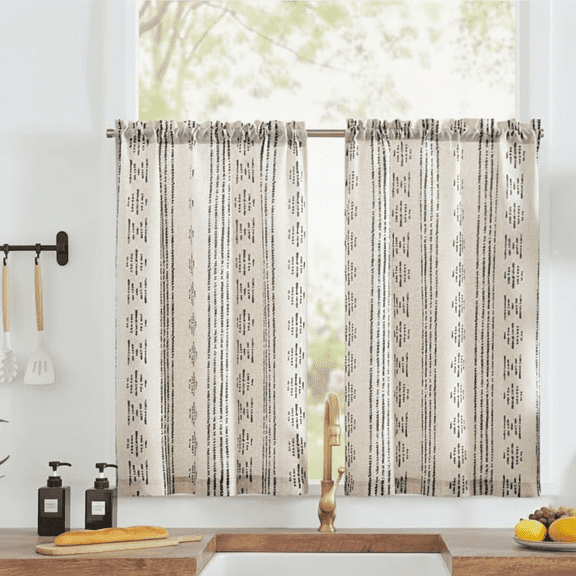 Bohemian Striped Linen Tier Kitchen Curtains 36 Inch Light Filtering Cafe Curtains with Rod Pocket for Farmhouse Bathroom RV Camper 2 Panels Black and Beige
