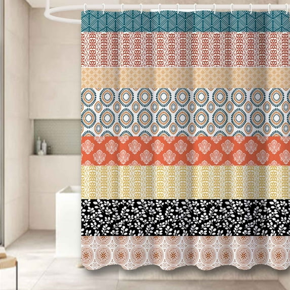 Bohemian Striped Shower Curtain 72×72 Inches Colorful Bold Flower Curtain Geometric Design Modern Bath Curtains with 12 Hooks
