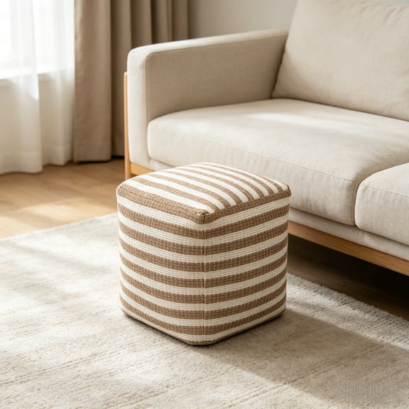 Bohemian Striped Square Pouf Ottoman, 16" x 16" x 16" Natural Jute Striped Pouf for Living Room