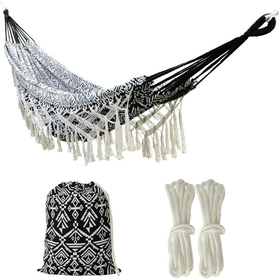 Bohemian Striped Tassel Double Hammock - 100% Cotton, Durable & Easy to Store