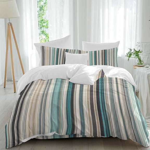 Bohemian Stripes Teal Brown Beige Full Size Bed Set,Vintage Line Art Bedding for All Seasons,4 Pcs Bed Set,1 Quiltcover(86"x86"),1 Sheet(80"x116"),2 Pillowcases(30"x20")